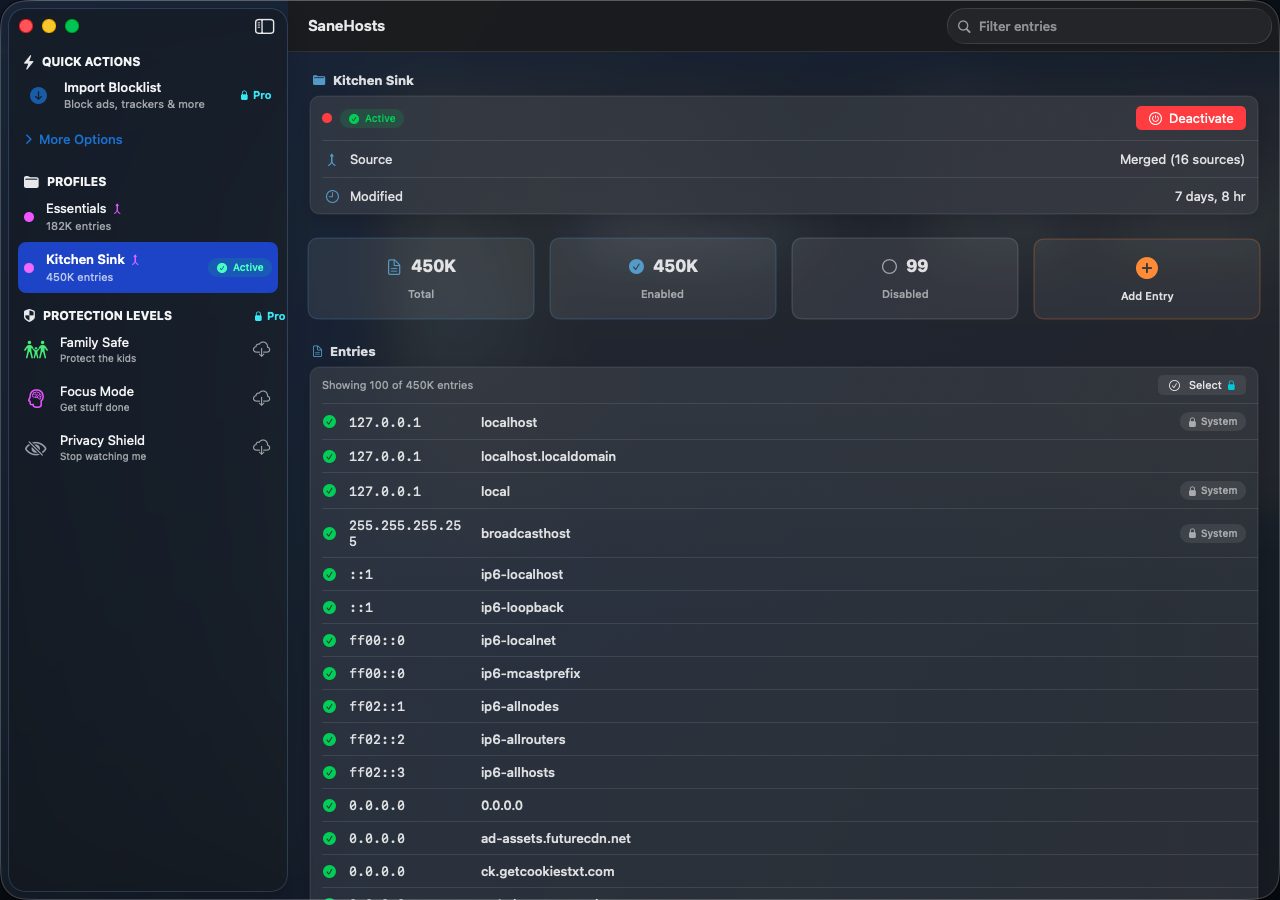 SaneHosts App - pick a protection level and activate with one click